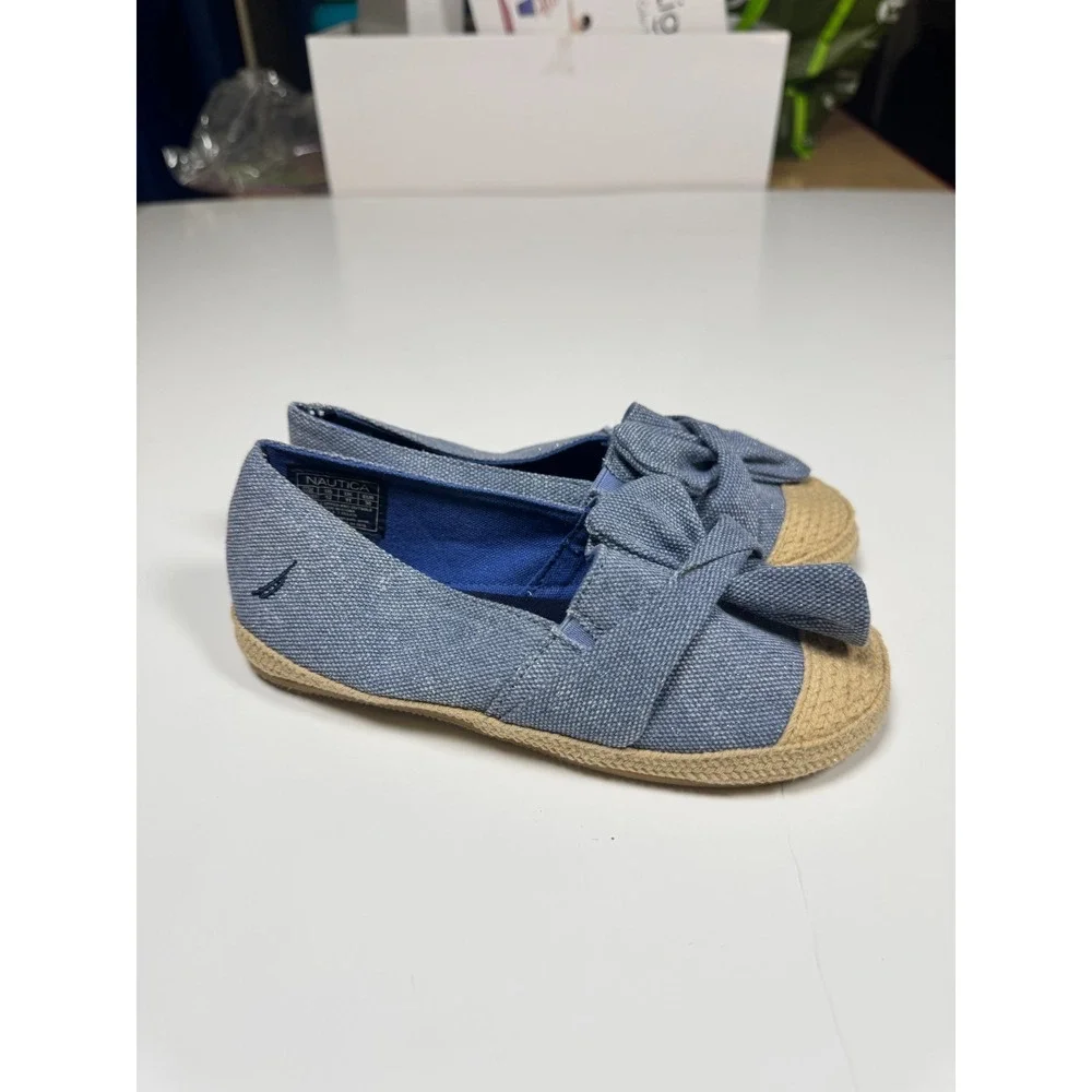 Nautica Ancora Bow Girls Espadrille 12 Blue Beige Cap Toe Casual Slip On Flats
